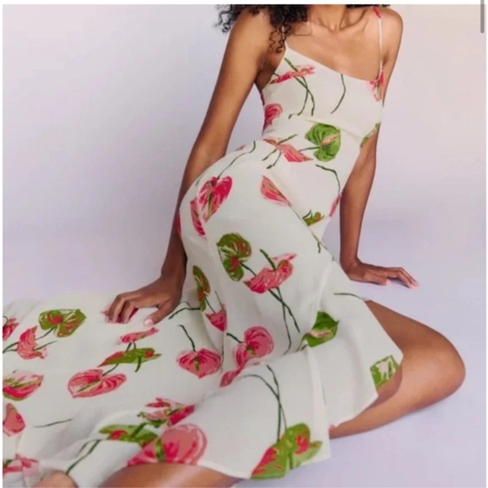 Reformation White Dress with Pink and Green Floral Design